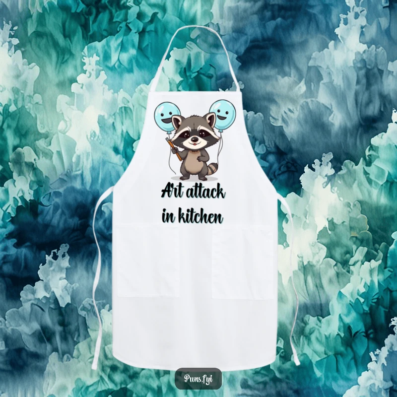 Funny apron showing a determined raccoon painting silly faces on balloons, perfect for a humorous crafting or cooking session.