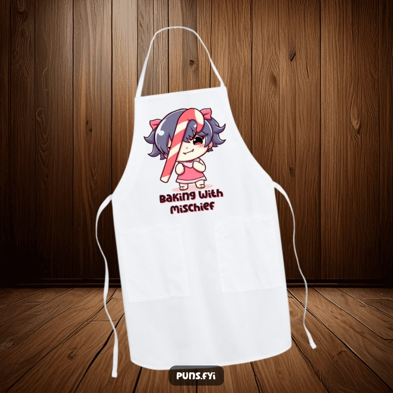 Funny Apron featuring a mischievous character holding a colorful candy cane, adding a humorous and festive touch to cooking.