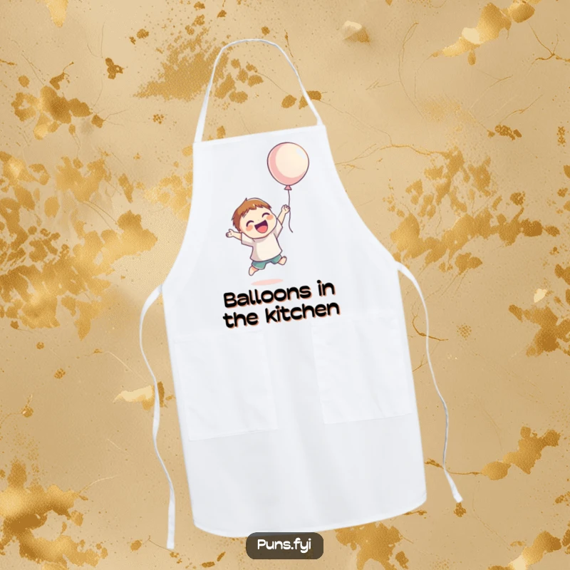 Funny Apron featuring a smiling character jumping for joy, reaching for a floating balloon, perfect for a cheerful cook.