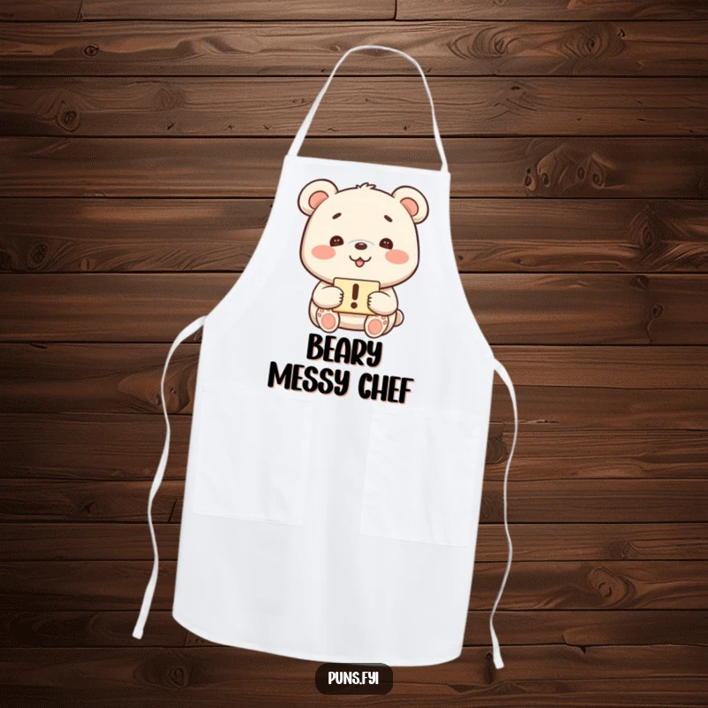 Funny kawaii bear with a playful grin holding an exclamation mark sign on a cooking apron, ideal for a funny gift.