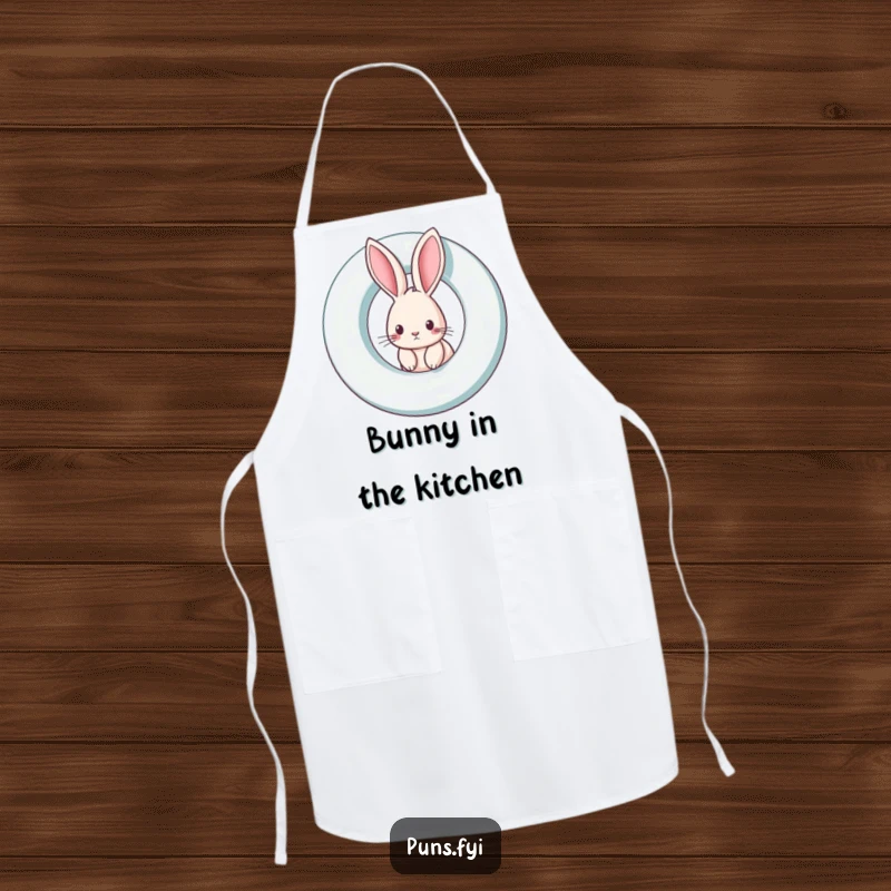 Funny rabbit apron showing a curious rabbit peeking from a giant spinning letter, perfect for culinary fun and adding humor.