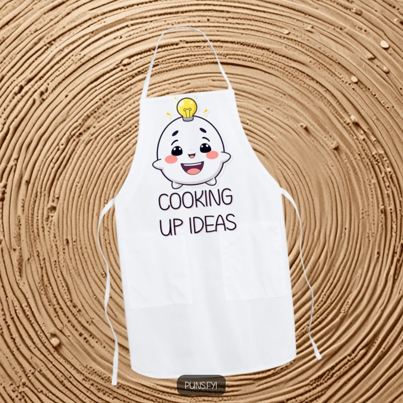 Funny apron showcasing a grinning character with a bright lightbulb, perfect for the kitchen and budding chefs.