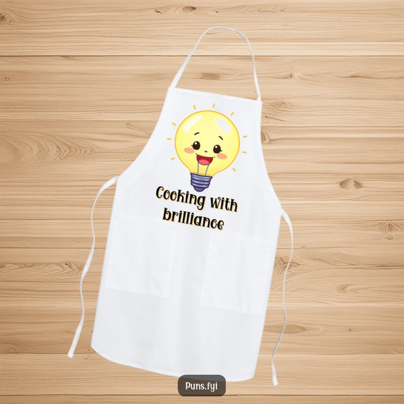 Funny apron featuring a cheerful lightbulb character, ideal for cooking and sparking bright culinary ideas, a practical funny gift.