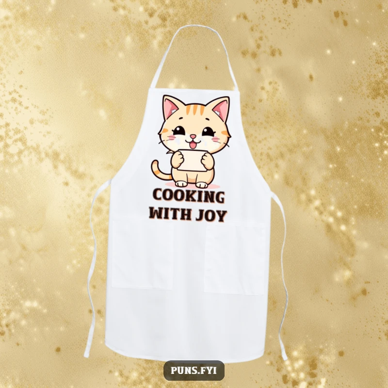 Funny cat speech bubble apron with a happy cat holding a speech bubble and a grinning word icon, perfect for cheerful cooking.