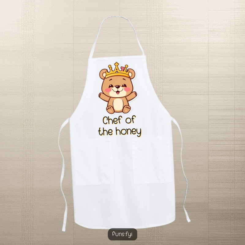 Funny goofy bear cub wearing a majestic crown made entirely of colorful alphabet letters, looking adorable on this practical kitchen apron.