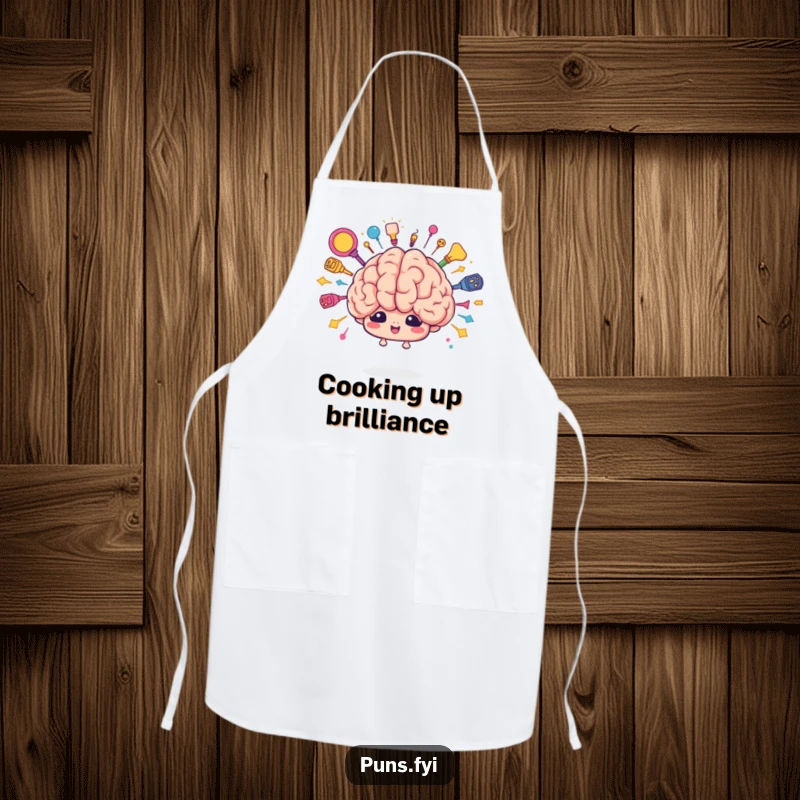Funny brain brainstorm apron showing a cartoon brain character bursting with colorful ideas. Culinary creativity.
