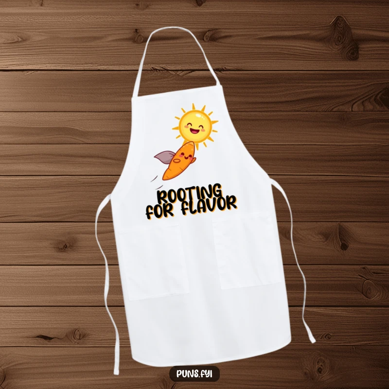 Funny apron illustrating a cheerful carrot with a cape flying towards a laughing sun, for a joyful cooking experience.