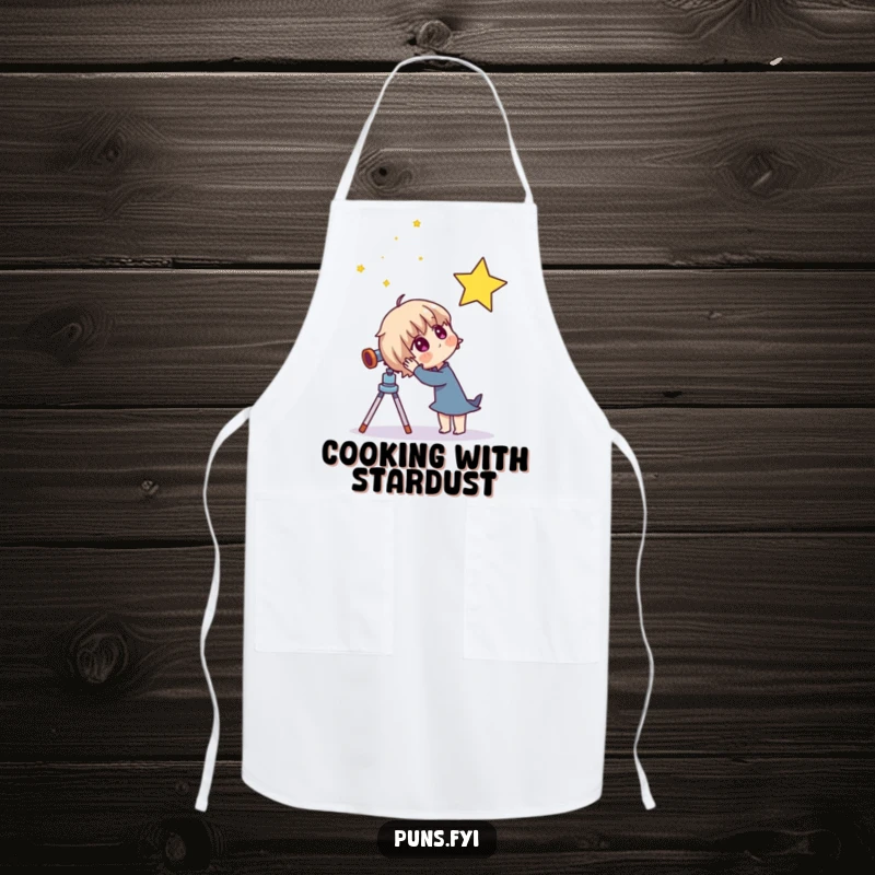 Funny apron with a curious character using a telescope, designed for kitchen adventurers and aspiring cosmic chefs.