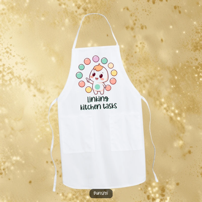 Funny apron showing a character enthusiastically pointing at connected circles, great for kitchen planning and organization.