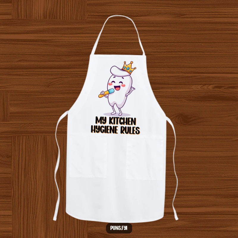 Funny apron illustrating a crowned toothbrush dancing while brushing a giant tooth, perfect for a sparkling kitchen.