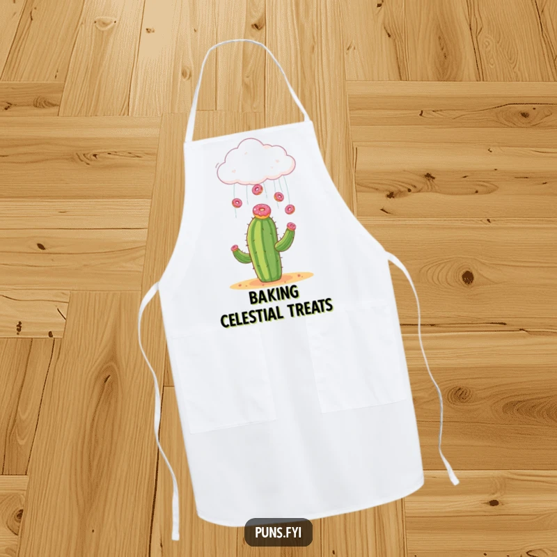 Funny apron illustrating a cloud raining tiny donuts onto a surprised cactus, perfect for a sweet kitchen.