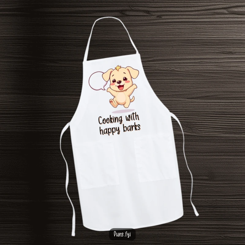 Funny puppy apron showing a cheerful puppy bouncing with excitement next to a speech bubble, ideal for kitchen fun.