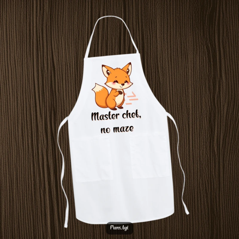 Funny fox apron showing a smiling fox pointing at a maze, perfect for culinary adventures and adding humor to cooking.