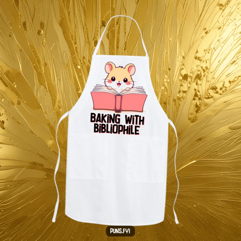 Funny apron showing a happy hamster peeking from behind a large open book, perfect for a humorous cooking experience.