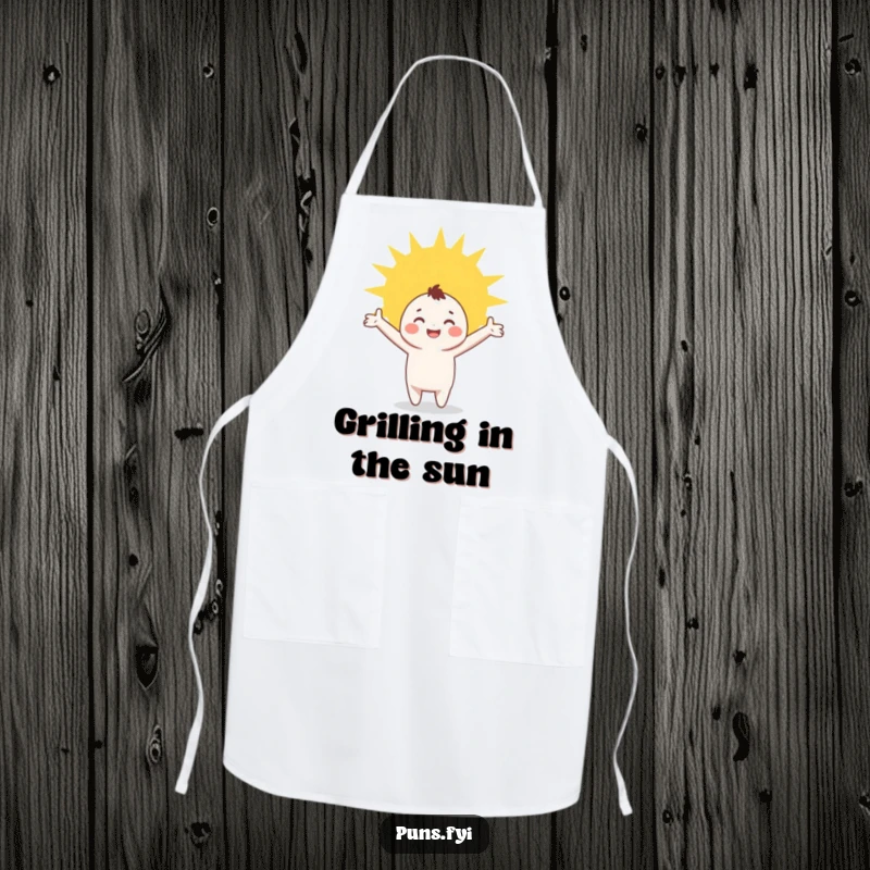 Funny Apron: A kitchen apron showing a character joyfully embracing a bright sunbeam with open arms, for a happy cooking experience.