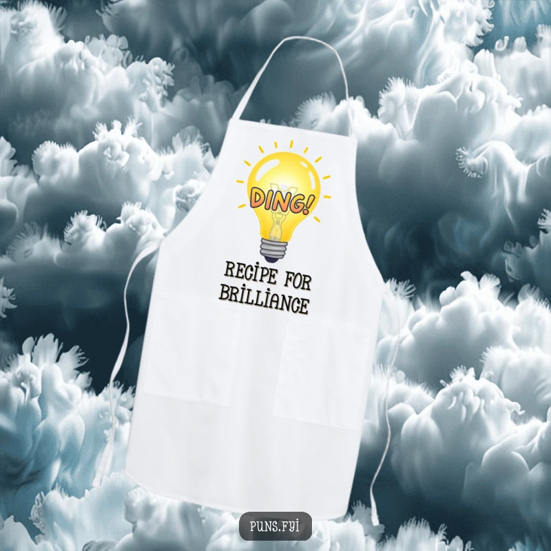 Funny Apron featuring a bright idea bulb with a DING! graphic, adding a humorous and inspiring touch to kitchen activities.
