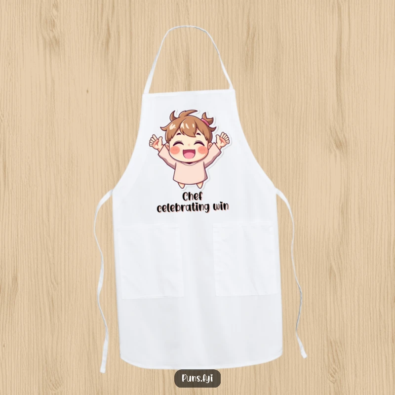 Funny Apron: A kitchen apron showing a character joyfully cheering with both hands lifted high, perfect for a festive cooking experience.