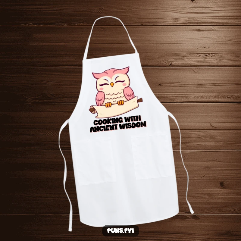 Funny kawaii owl apron showing a cute winking owl with an unrolling scroll, ideal for kitchen wisdom and protection.