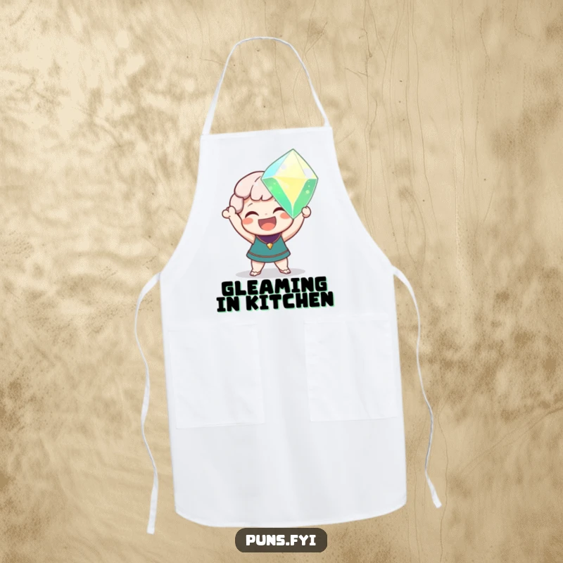 Funny apron with a delighted character holding a giant, sparkling gem, ideal for chefs who love culinary discoveries.