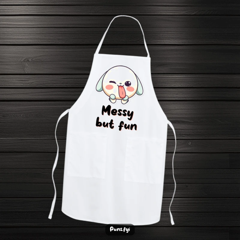 Funny apron with a playful character sticking its tongue out and winking, ideal for chefs who love to add fun to cooking.