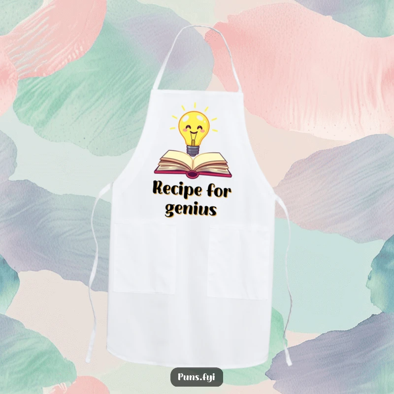 Funny lightbulb apron with a smiley face lightbulb popping out of a book, adding creative and humorous flair to kitchen tasks.