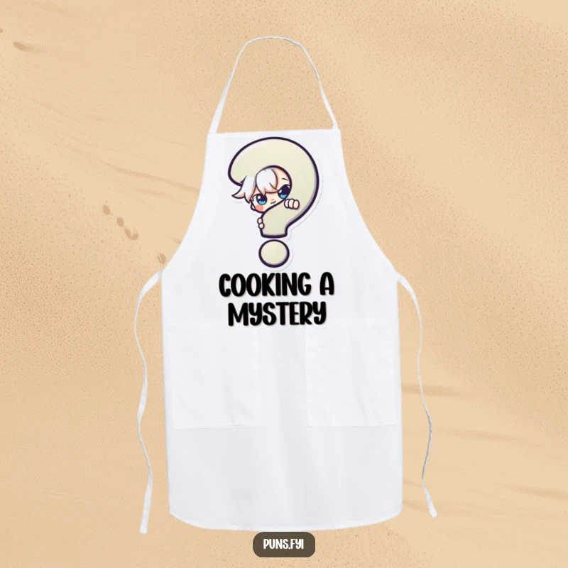 Funny Apron: A kitchen apron depicting a mischievous character peeking with a curious look from behind a large question mark, for culinary fun.