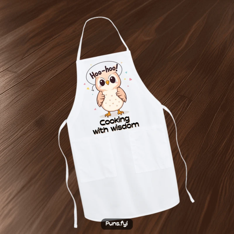 Funny apron with a cute owl character’s speech bubble erupting with 'Hoo-hoo!' confetti, ideal for humorous cooking sessions.