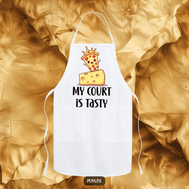 Funny apron illustrating a pizza slice wearing a crown and balancing on cheese, for a royal and humorous cooking experience.