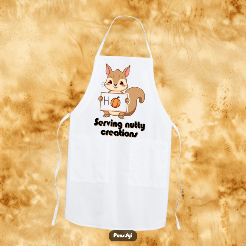 Funny squirrel apron showing a playful squirrel holding a sign with a drawing of a nut, ideal for kitchen fun.