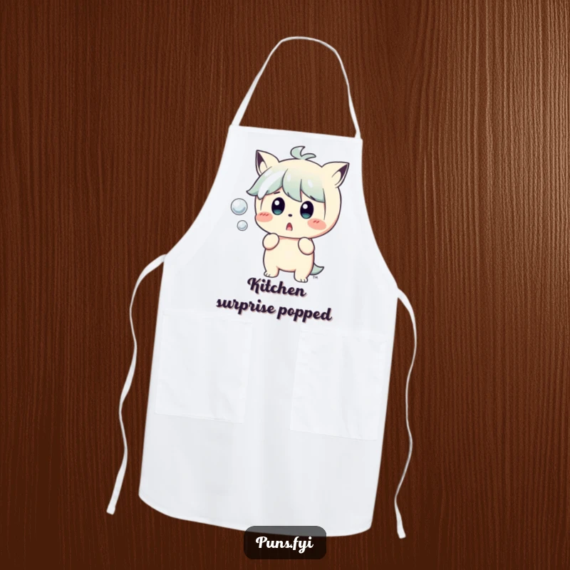 Funny Apron: A chef's apron showing a character looking comically shocked by a small, bursting bubble, perfect for a funny kitchen.