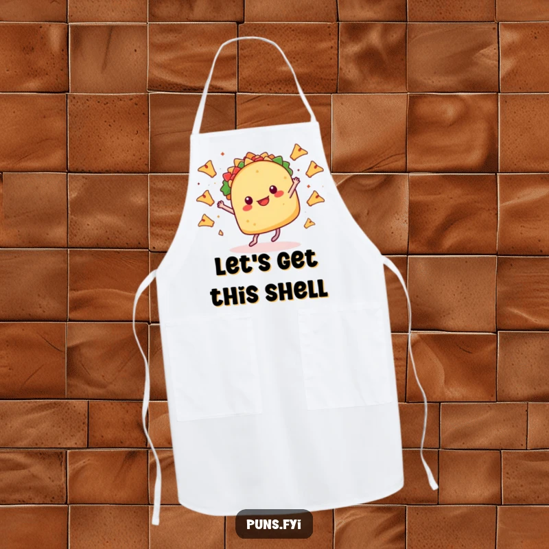 Funny apron illustrating a taco with tiny legs dancing enthusiastically, with flying nachos, perfect for a fiesta in the kitchen.