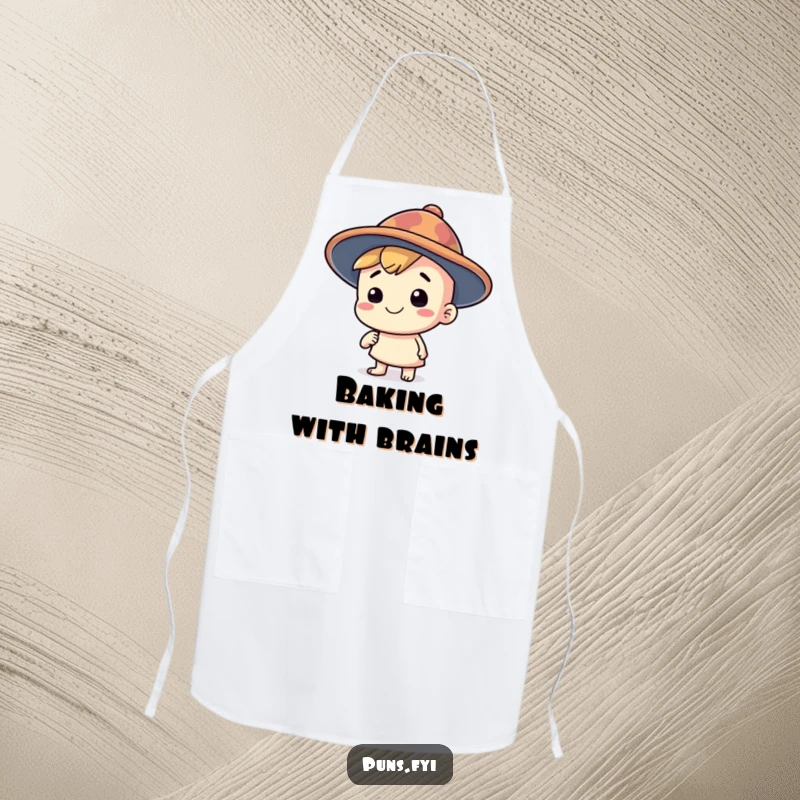 Funny apron featuring a happy character wearing a silly, oversized thinking cap, ideal for cooking and creative kitchen endeavors, a useful funny gift.