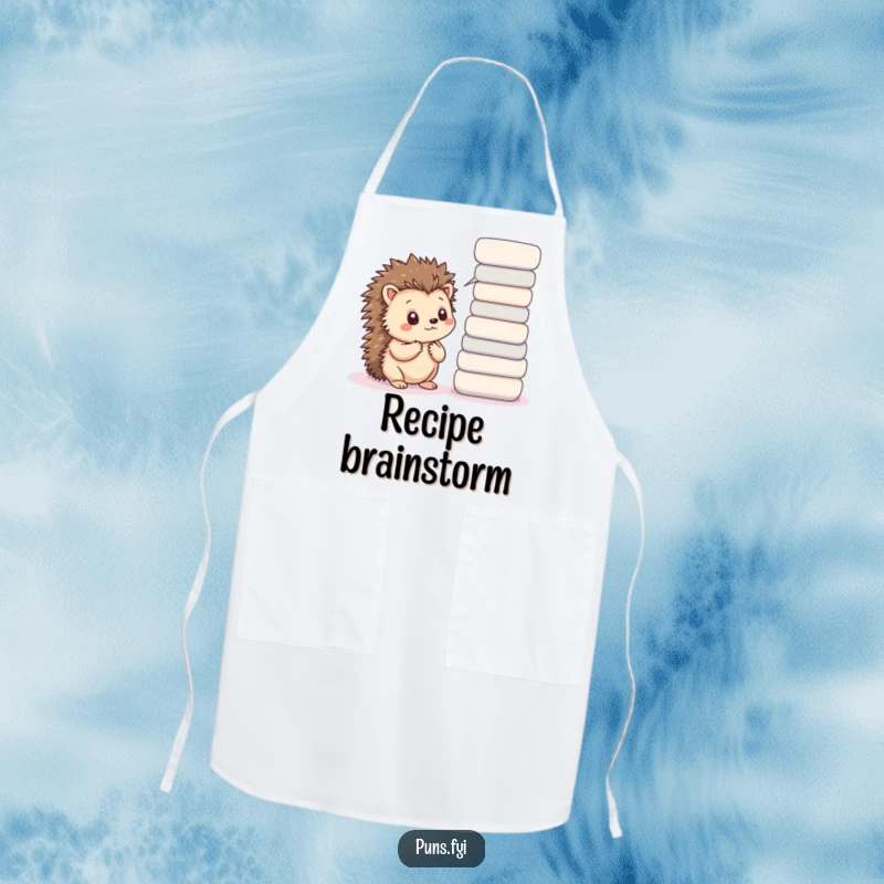 Funny apron featuring a thoughtful kawaii hedgehog with word bubbles, ideal for kitchen creativity and protection.