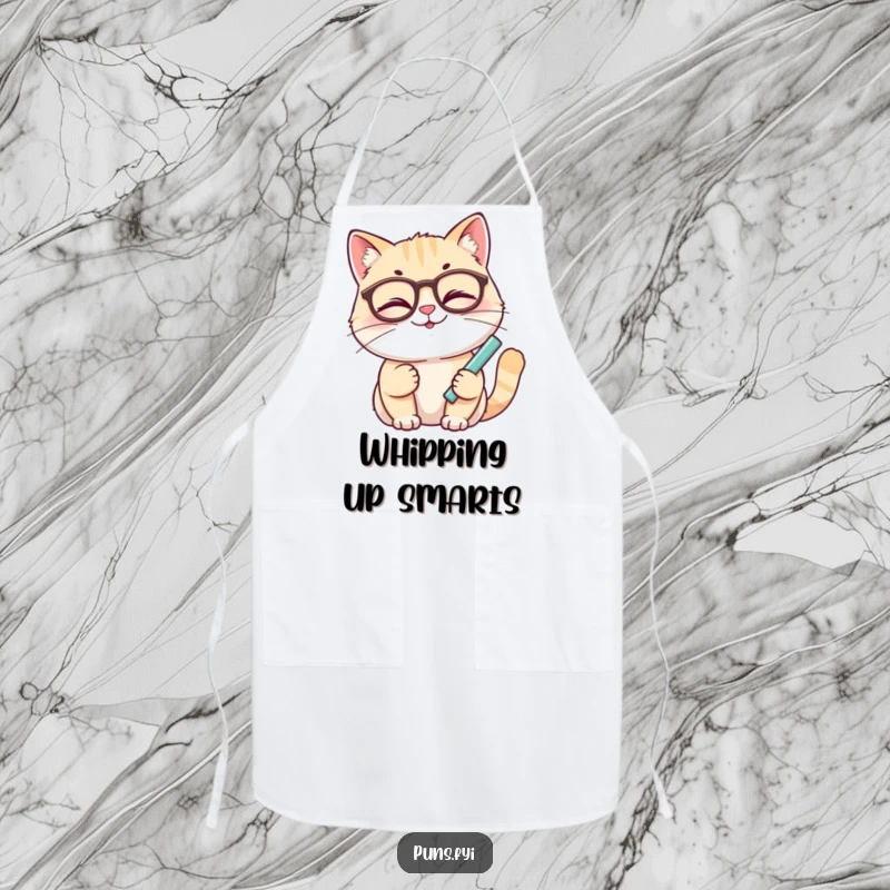 Funny cat apron showing a smiling cat with glasses winking while holding chalk, perfect for a smart cook.
