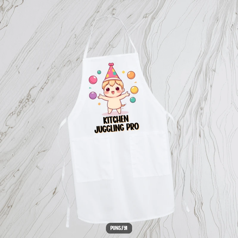 Funny Apron featuring a cute character in a party hat, joyfully juggling colorful balls, perfect for a festive cook.