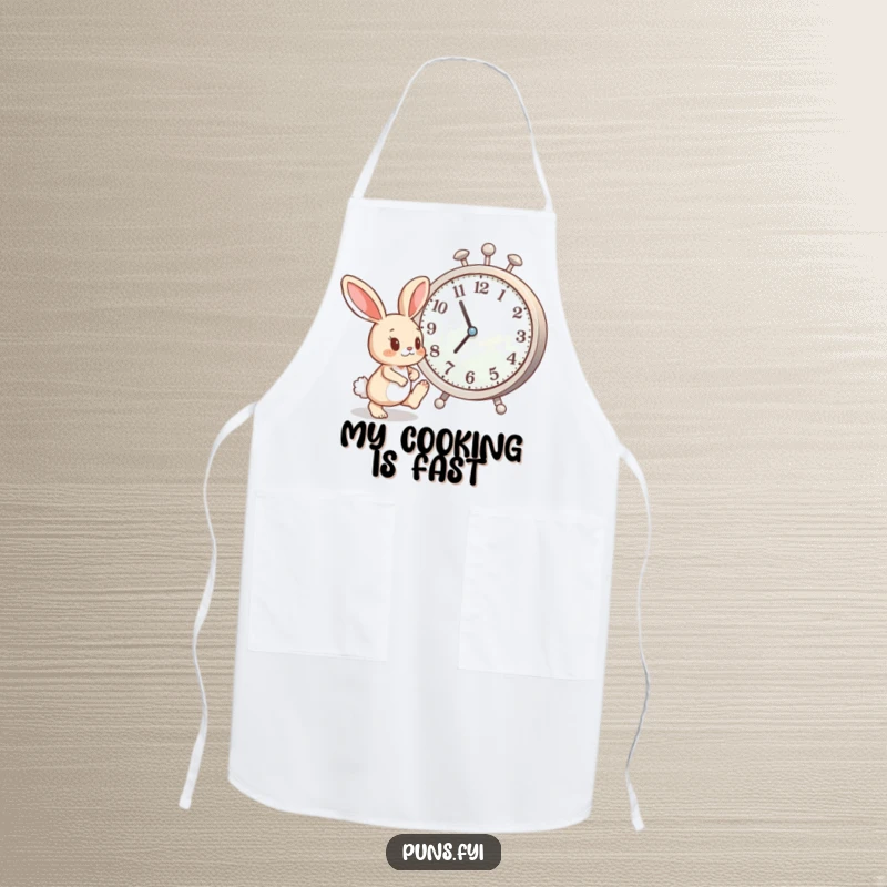 Funny apron with an impatient bunny tapping its foot beside a large clock, ideal for humorous cooking sessions and time management.