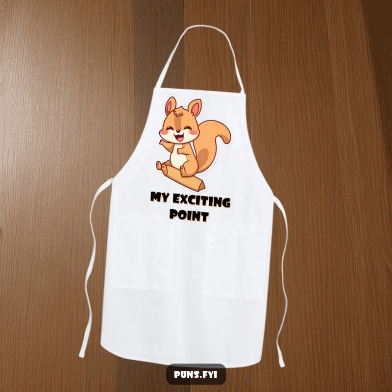 Funny apron showing an excited squirrel riding a prominent exclamation point, perfect for kitchen fun.