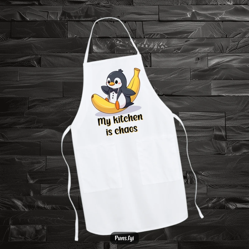Funny apron illustrating a penguin in a tuxedo comically slipping on a huge banana peel, adding kitchen humor.