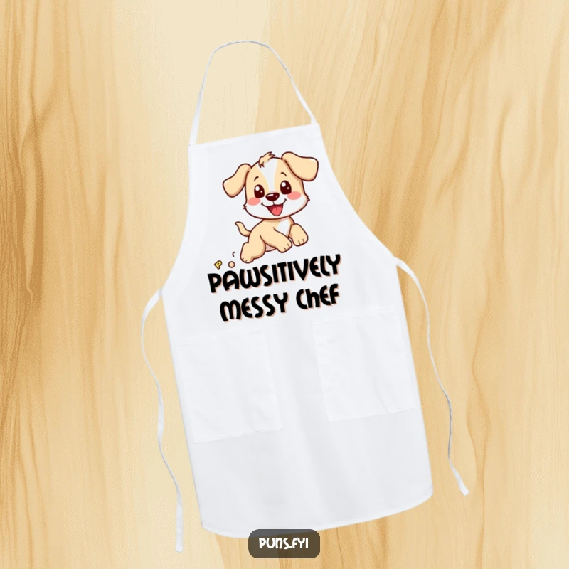 Funny apron showing a smiling puppy character playfully chasing a bouncy letter P, perfect for a humorous cooking session.