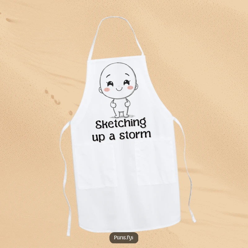 Funny apron depicting a smiling pencil character drawing a crooked line, ready to whip up some creative culinary ideas.