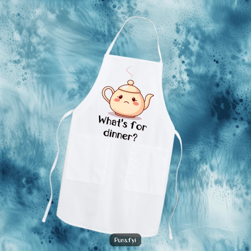 Funny apron illustrating a confused teapot with steam forming a question mark, perfect for a thoughtful kitchen.