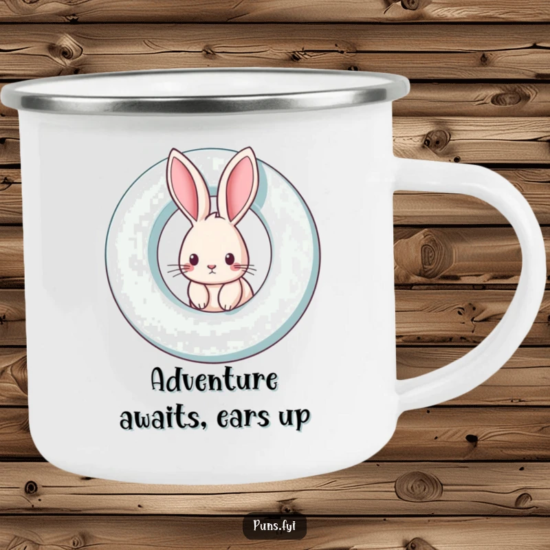 Funny rabbit camping mug with a curious rabbit peeking from a giant spinning letter, ideal for outdoor trips and whimsical moments.