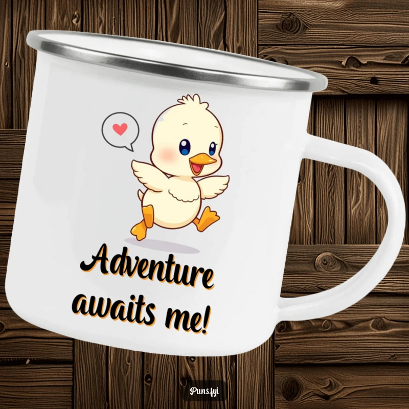 Funny camping mug featuring a happily leaping kawaii duckling and a speech bubble, perfect for drinks on the go.