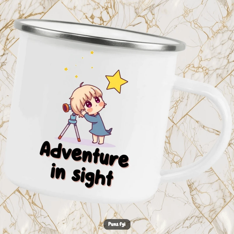 Funny camping mug featuring a curious character with a telescope, ideal for enjoying drinks outdoors while exploring the galaxy.