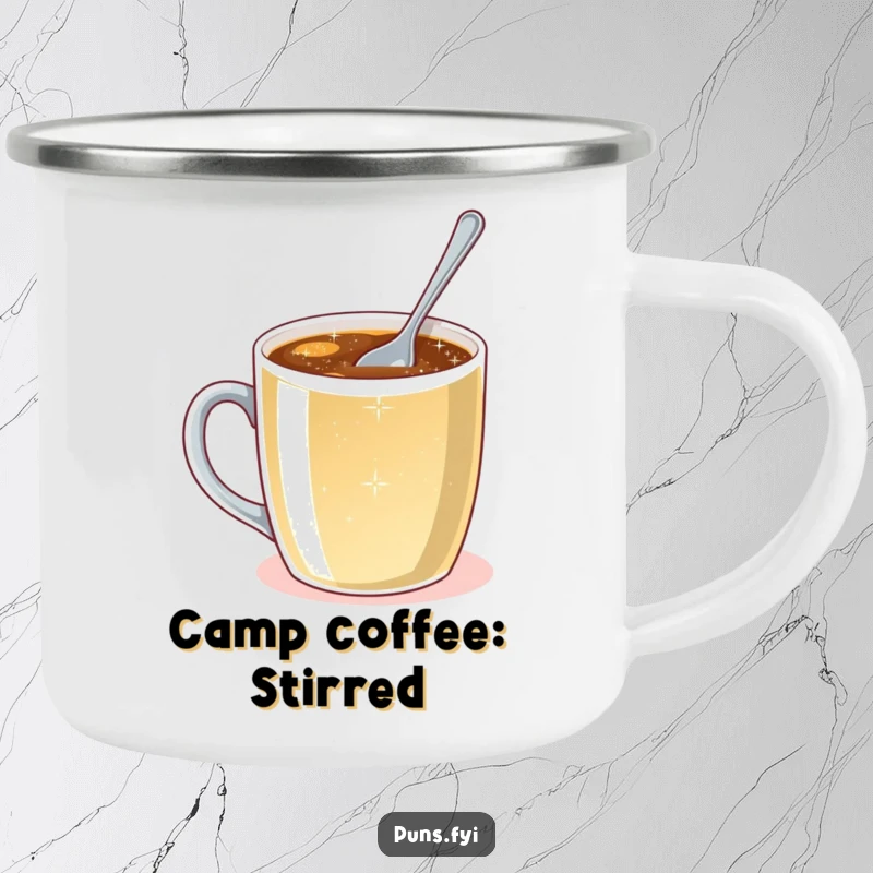 Funny camping mug with a tiny spoon stirring a large mug of sparkling liquid, for epic and humorous outdoor moments.