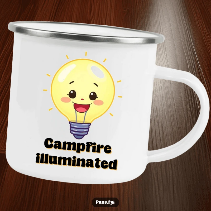 Funny camping mug featuring a cheerful lightbulb character, glowing brightly, perfect for outdoor adventures and sparking ideas, a durable funny gift.