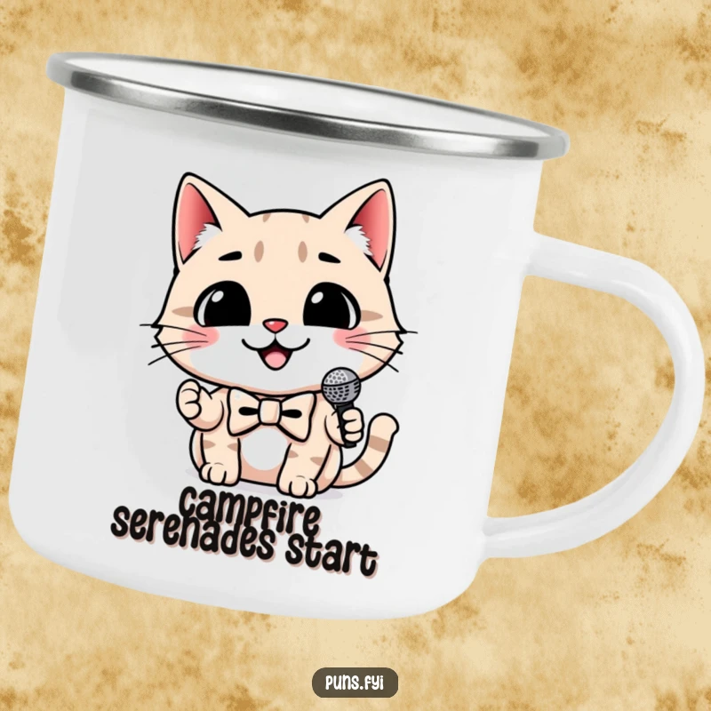 Funny cat camping mug showing a smiling cat wearing a bowtie and holding a tiny microphone, ideal for musical campers.