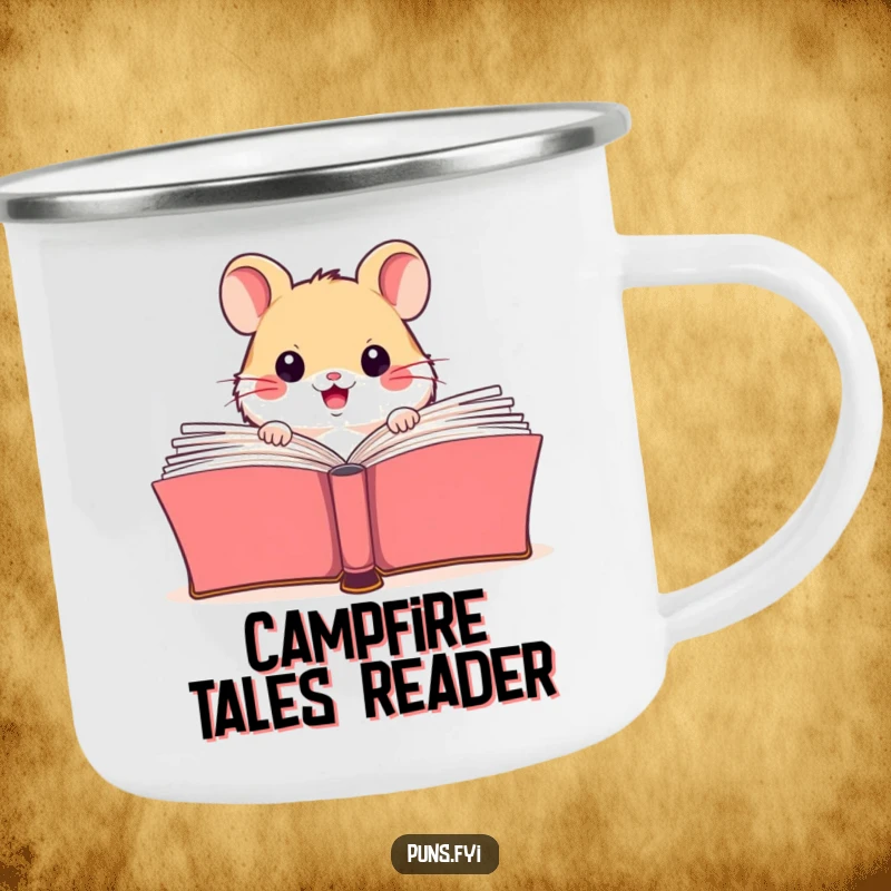 Funny camping mug showing a happy hamster peeking from behind a large open book, perfect for outdoor reading enthusiasts.