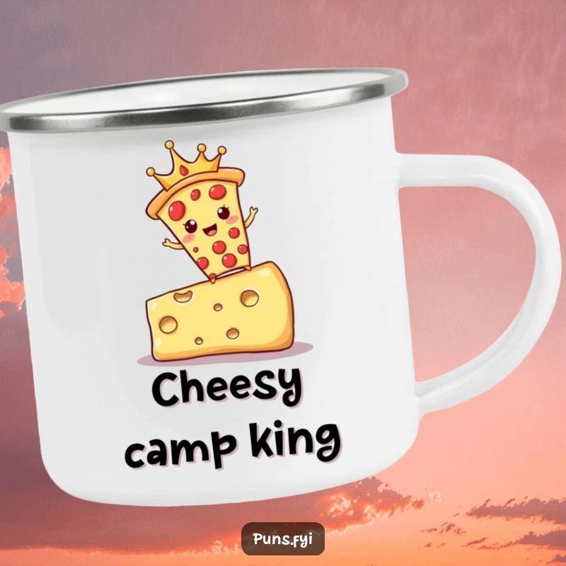 Funny camping mug with a crowned pizza slice balancing on cheese, for royal and humorous outdoor dining.
