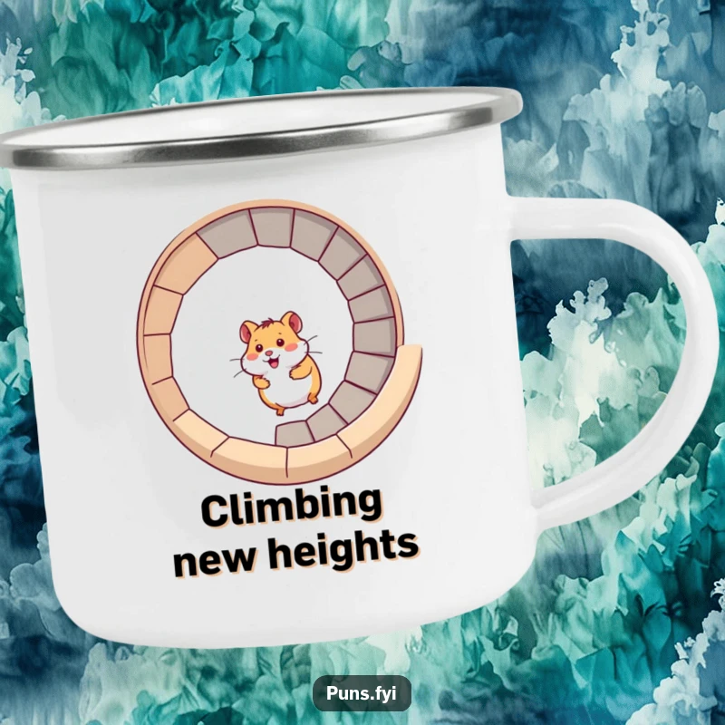 Funny hamster camping mug with a hamster racing up a spiral staircase, ideal for outdoor trips and energetic moments.